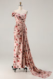 Black One Shoulder Sheath Red Floral Print Long Prom Dress with Flowing Train