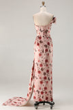 Black One Shoulder Sheath Red Floral Print Long Prom Dress with Flowing Train