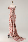 Black One Shoulder Sheath Red Floral Print Long Prom Dress with Flowing Train