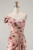 Black One Shoulder Sheath Red Floral Print Long Prom Dress with Flowing Train