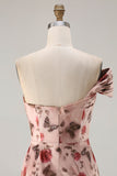 One Shoulder Sheath Blush Floral Print Long Prom Dress with Train