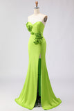 Green Mermaid Strapless 3D Flowers Maxi Dress with Slit