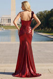 Metallic Burgundy One Shoulder Mermaid Side Slit Long Prom Dress with 3D Flowers