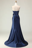 Navy Mermaid Strapless Corset Ruched Beaded Long Prom Dress with Bow