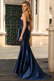Navy Mermaid Strapless Corset Ruched Beaded Long Prom Dress with Bow