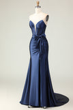 Navy Mermaid Strapless Beaded Corset Ruched Long Prom Dress with Bow