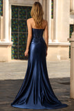 Navy Mermaid Strapless Corset Ruched Beaded Long Prom Dress with Bow