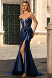 Navy Mermaid Strapless Corset Ruched Beaded Long Prom Dress with Bow