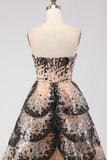 Sparkly Black Apricot Strapless A Line Sequin Tiered Princess Long Prom Dress