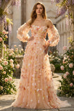 Champagne Strapless A Line 3D Flowers Tulle Long Prom Dress with Removable Sleeves