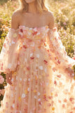 Champagne Strapless A Line Tulle Convertible Long Prom Dress with 3D Flowers