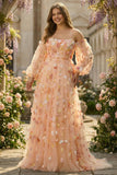 Champagne Strapless A Line 3D Flowers Tulle Long Prom Dress with Removable Sleeves