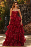 Sparkly Princess Burgundy Sweetheart Fringed Sequin Long Prom Dress with Ruffles
