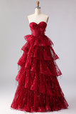 ZAPAKA Women Sparkly Burgundy Long Prom Dress with Ruffles Princess Sweetheart Corset Sequins Fringed Tiered Party Dress