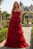 Sparkly Princess Burgundy Sweetheart Fringed Sequin Long Prom Dress with Ruffles