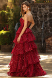 Sparkly Princess Burgundy Sweetheart Fringed Sequin Long Prom Dress with Ruffles