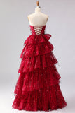 Sparkly Burgundy Princess Sweetheart Fringed Long Sequin Prom Dress with Ruffles