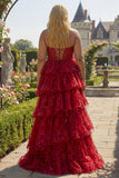 Sparkly Princess Burgundy Sweetheart Fringed Sequin Long Prom Dress with Ruffles