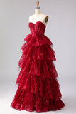 Sparkly Burgundy Princess Sweetheart Fringed Long Sequin Prom Dress with Ruffles
