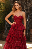 Sparkly Princess Burgundy Sweetheart Fringed Sequin Long Prom Dress with Ruffles
