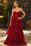Sparkly Burgundy Princess Sweetheart Fringed Long Sequin Prom Dress with Ruffles