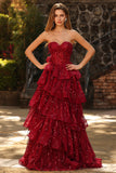 Sparkly Princess Burgundy Sweetheart Fringed Sequin Long Prom Dress with Ruffles