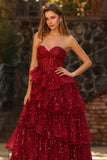 Sparkly Princess Burgundy Sweetheart Fringed Sequin Long Prom Dress with Ruffles