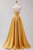 Golden Strapless Satin A-Line Corset Long Prom Dress