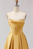 Golden Strapless Satin A-Line Corset Long Prom Dress