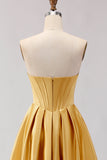 Golden Strapless Satin A-Line Corset Long Prom Dress