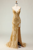 Golden Sweetheart Mermaid Beaded Long Prom Dress with Slit
