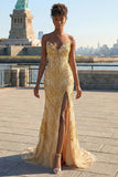 Sparkly Golden Mermaid Sweetheart Beaded Long Prom Dress with Slit