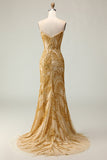 Golden Sweetheart Mermaid Beaded Long Prom Dress with Slit