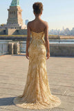 Sparkly Golden Mermaid Sweetheart Beaded Long Prom Dress with Slit