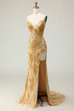 Golden Sweetheart Mermaid Beaded Long Prom Dress with Slit
