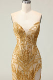 Golden Sweetheart Mermaid Beaded Long Prom Dress with Slit
