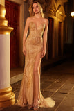 Sparkly Golden Mermaid Sweetheart Beaded Long Prom Dress with Slit