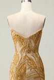 Golden Sweetheart Mermaid Beaded Long Prom Dress with Slit