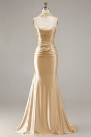 Champagne Strapless Mermaid Beaded Convertible Long Prom Dress