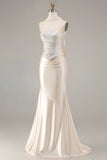 Champagne Strapless Mermaid Beaded Convertible Long Prom Dress