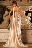 Champagne Strapless Mermaid Beaded Convertible Long Prom Dress