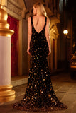 Black Golden Sequin Mermaid V Neck Open Back Long Prom Dress with Slit