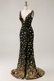 Black Golden Mermaid Sequin V Neck Open Back Long Prom Dress with Slit