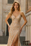 Sparkly Champagne Sequins Mermaid Lace Up Back Long Prom Dress with Slit
