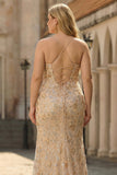 Champagne Beaded Mermaid Sequin Long Plus Size Prom Dress with Slit and Lace Up Back