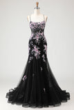 Sparkly Black Pink Flower Mermaid Sequins Corset Long Prom Dress with Lace Up Back