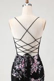 Sparkly Black Pink Flower Mermaid Sequins Corset Long Prom Dress with Lace Up Back