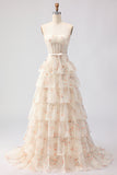 Pink Floral Strapless Tiered A Line Corset Print Beaded Long Prom Dress with Ruffles