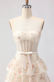 Pink Floral Strapless Tiered A Line Corset Print Beaded Long Prom Dress with Ruffles