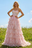 Pink Floral Strapless Tiered A Line Corset Print Beaded Long Prom Dress with Ruffles